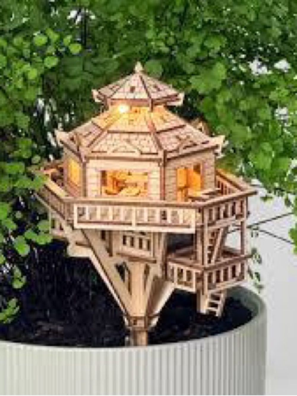 Tiny Treehouses Miniature Wooden Treehouse LED Lights included & Acrylic Post